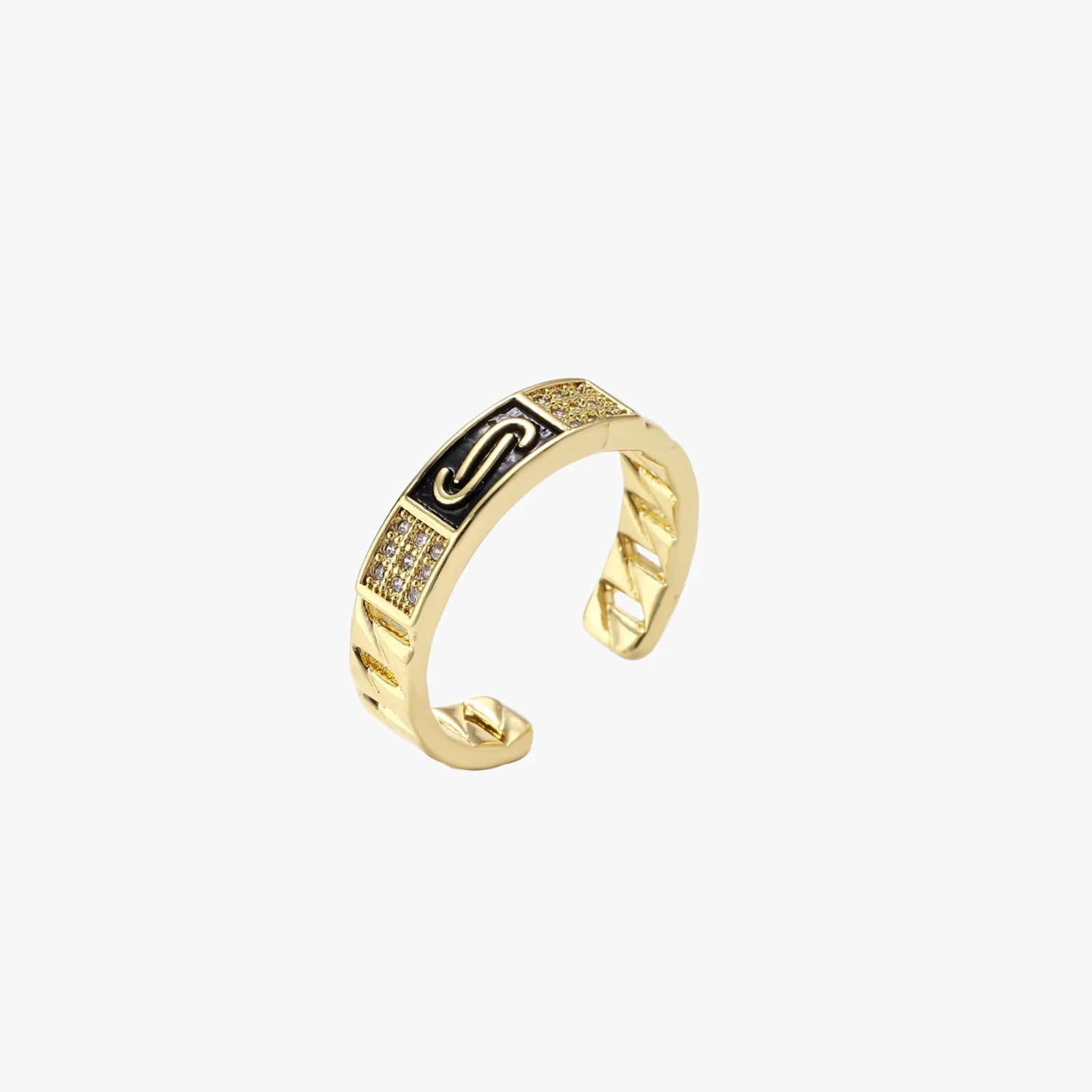 Gold-plated adjustable ring with twisted chain band, central cubic zirconia stone surrounded by crystal halo on cream background