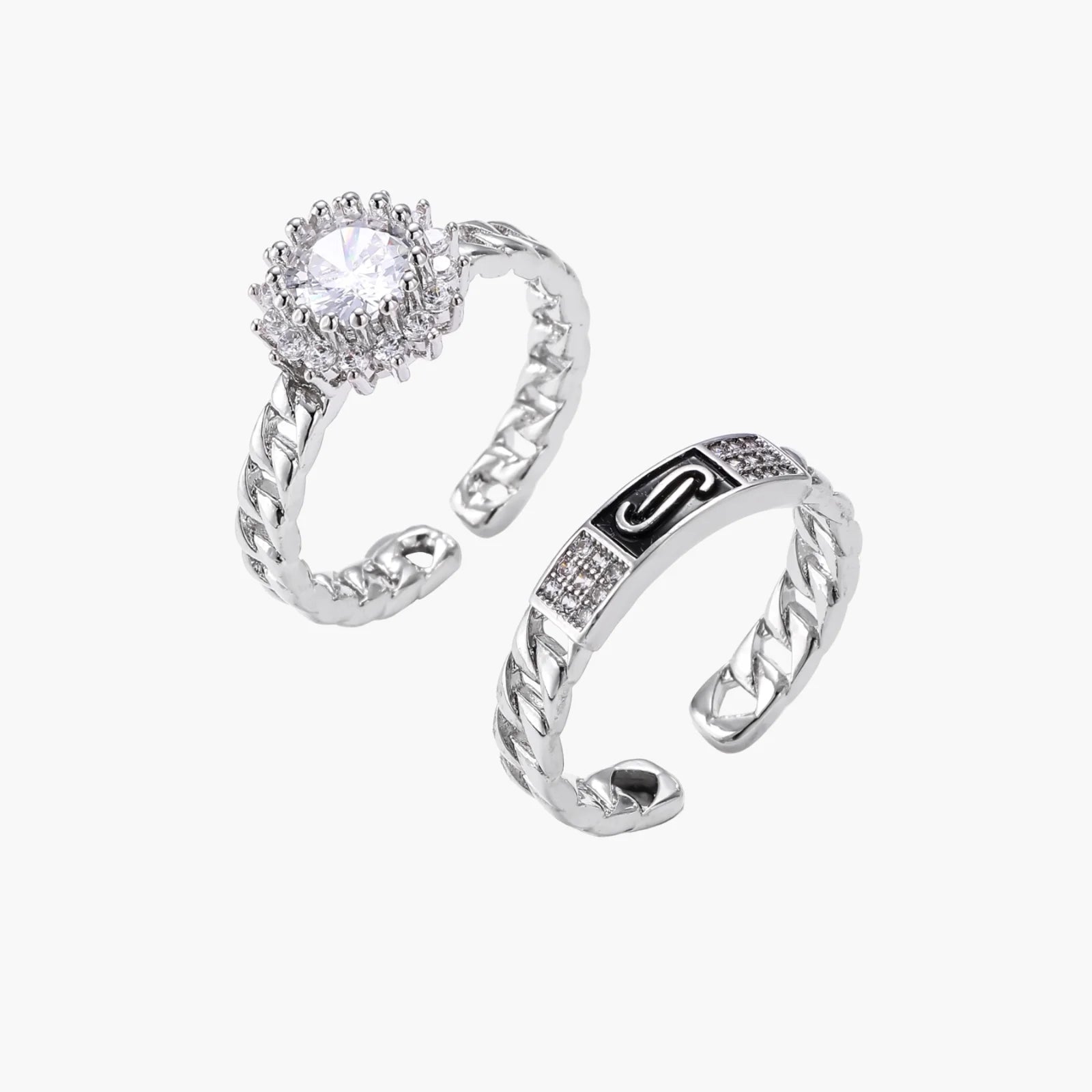 Two adjustable white gold plated rings with chain-link bands, featuring cubic zirconia halo and enamel details