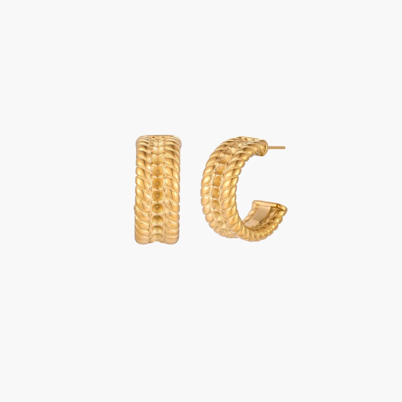Chunky gold hoops with dimensional ridged texture and 14K plated finish shown in front and side view on cream background.