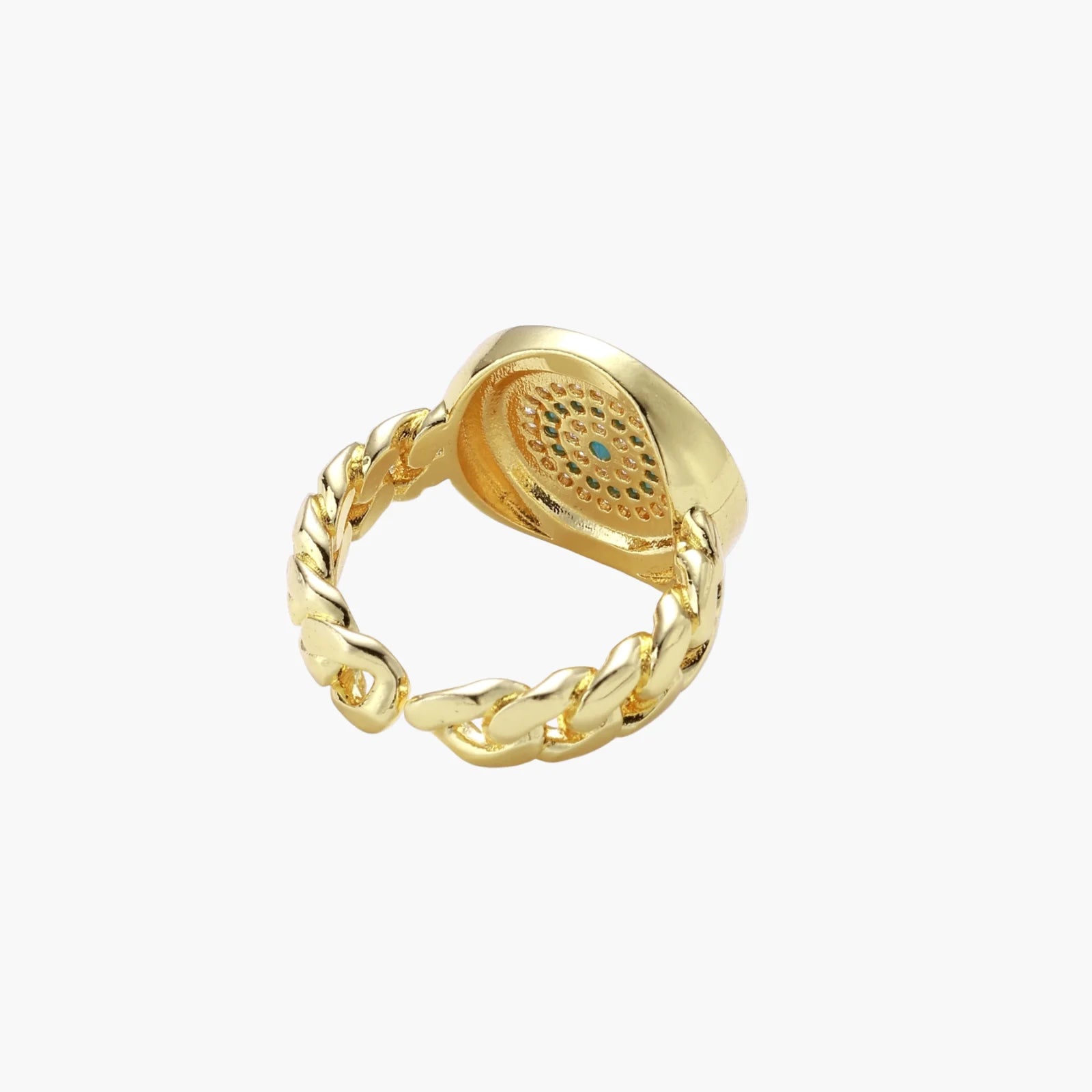 Gold chain ring with Greek key border and turquoise evil eye center on white background