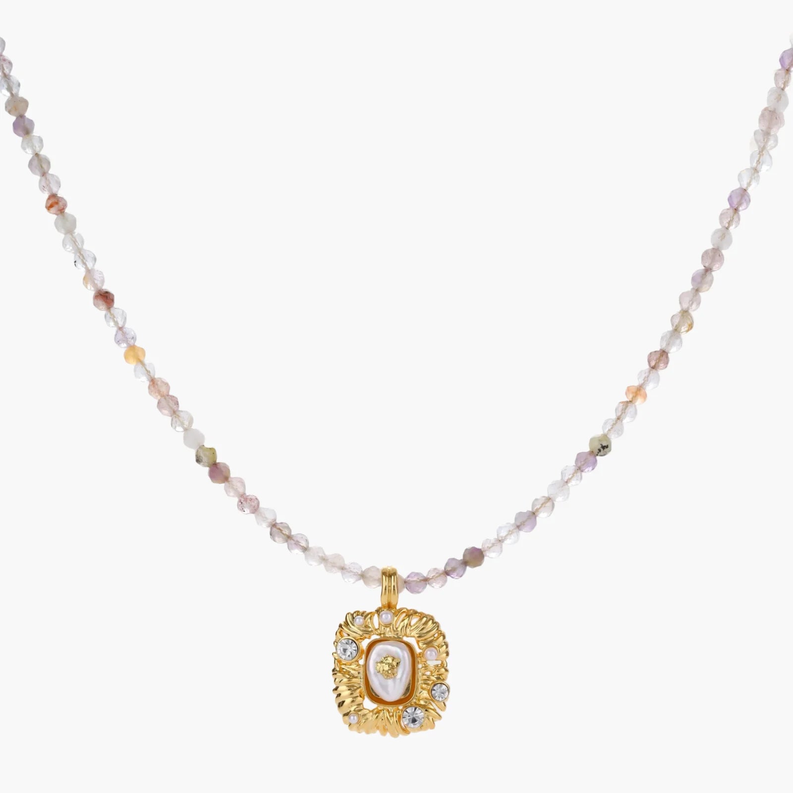 Ornate gold-plated pendant necklace with multicolored gemstone beads in purple, pink and clear tones on white background