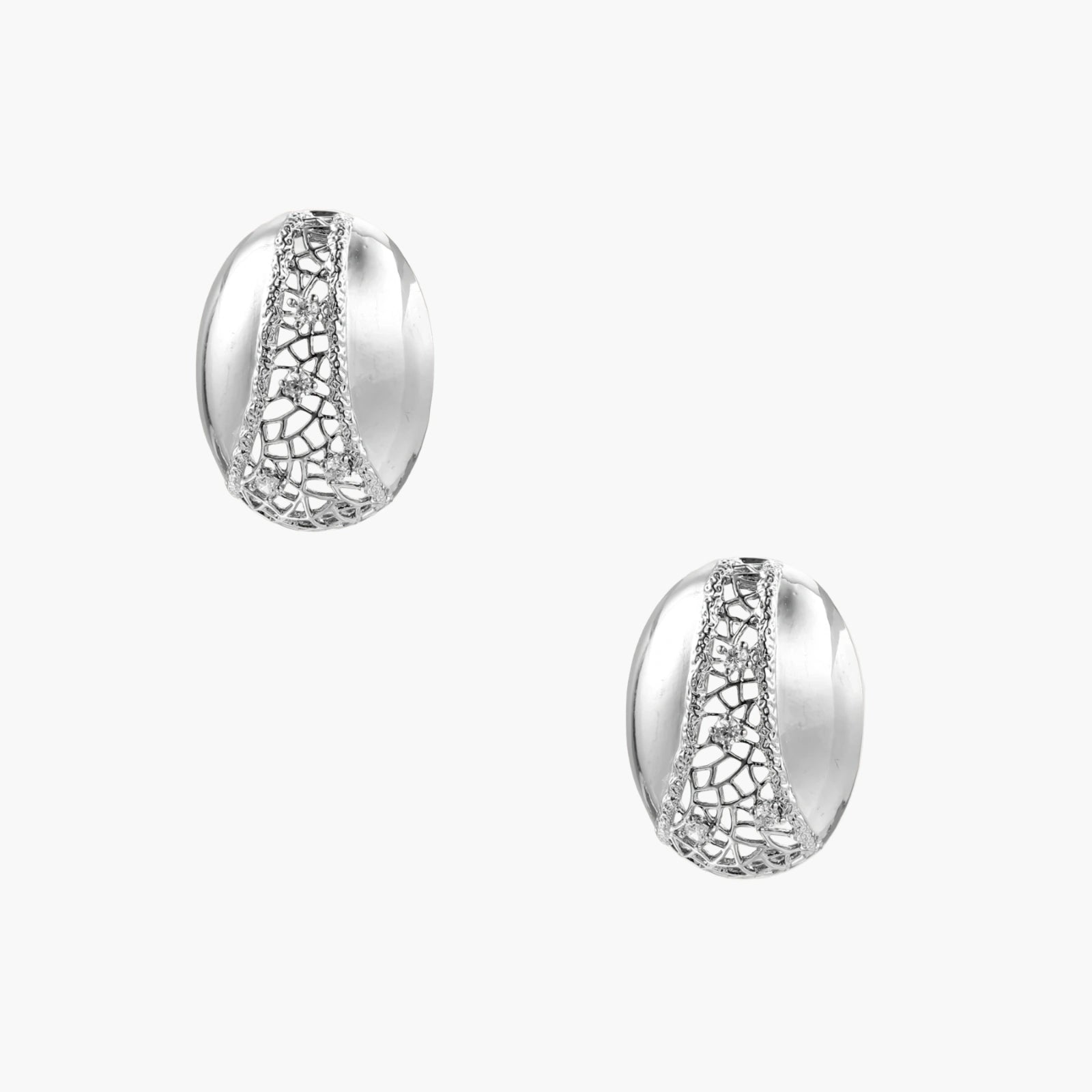 White gold-plated dome hoop earrings with geometric lattice pattern and zirconia stones on cream background