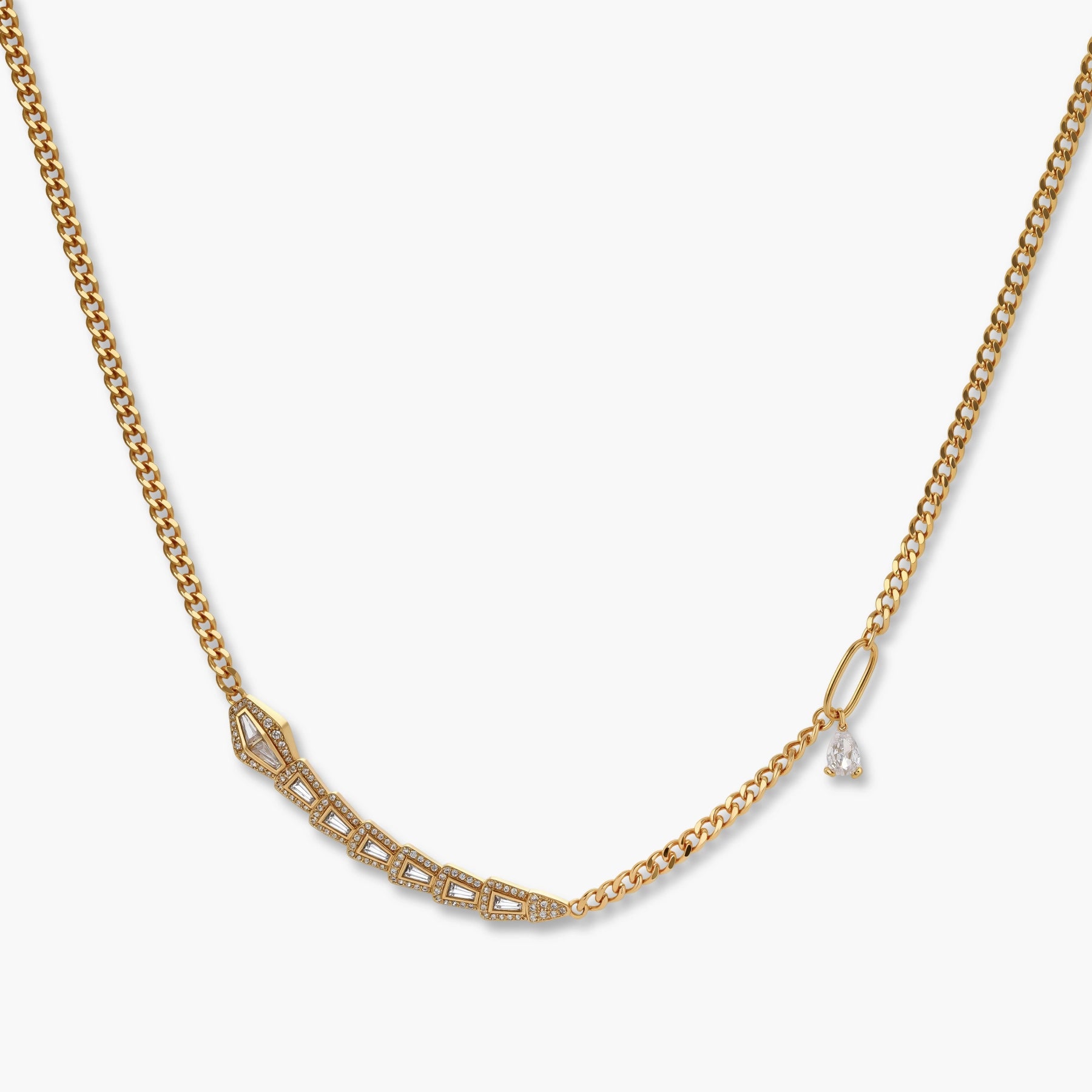 Gold-plated necklace with geometric diamond segments and matching huggie earrings featuring cubic zirconia details