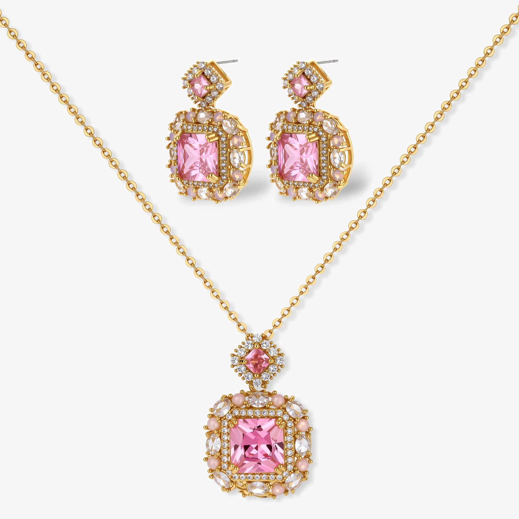 14K gold-plated jewelry set featuring square-cut cubic zirconia stones in ornate layered settings on white background.