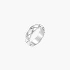 Braided stainless steel band ring with geometric interwoven strands in brushed silver finish on white background