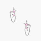 Pair of silver star-shaped ear climbers with pink zirconia stones connected by delicate chains
