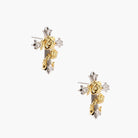 Two-tone cross earrings with gold roses and clear crystals on silver base, gothic romantic style