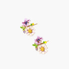 Cluster-style stud earrings with purple pansies, white daisies, yellow centers, and green leaves in glossy enamel finish