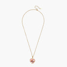Heart-shaped pendant with pink enamel, rose design, freshwater pearl flower, and gold scalloped frame on delicate chain