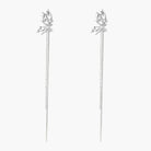 Silver-toned threader earrings featuring detailed fairy figure with wings and dual delicate chain strands, zirconia accents