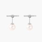 Rhodium-plated sterling silver ear jacket earrings with diamond-set horizontal bar and freshwater pearl drop