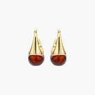 Modern drop earrings with curved gold-plated copper tops and amber resin bottoms creating an organic teardrop silhouette.