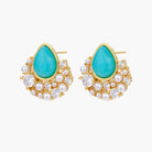 Gold-plated cluster earrings with teardrop turquoise stones surrounded by white pearls and clear crystals