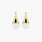 Pair of small gold-plated hoop earrings with triangular cone fronts and curved backs on white background.