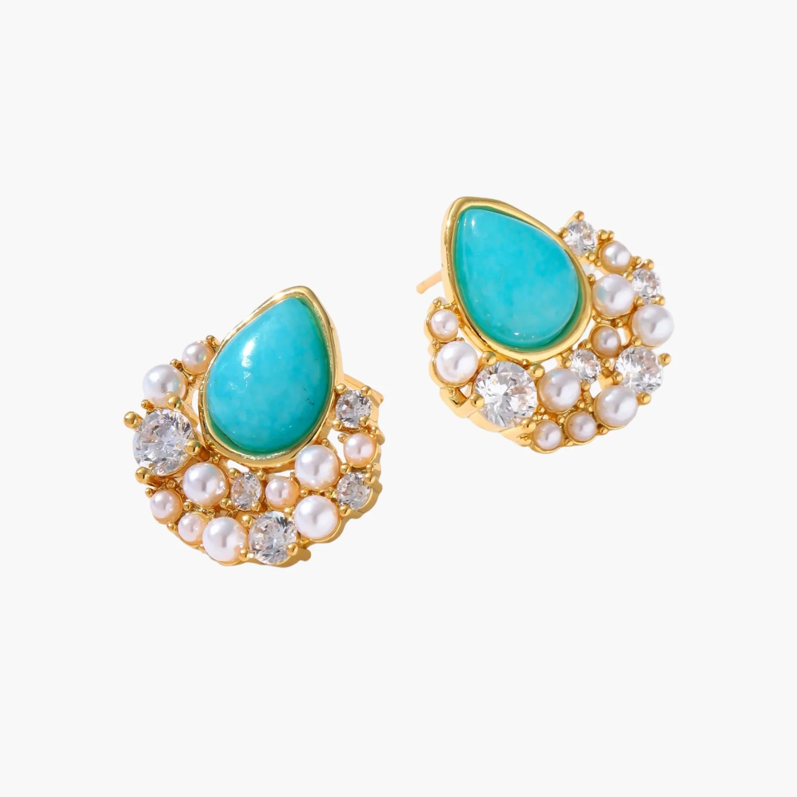 Gold-plated cluster earrings with teardrop turquoise stones surrounded by white pearls and clear crystals