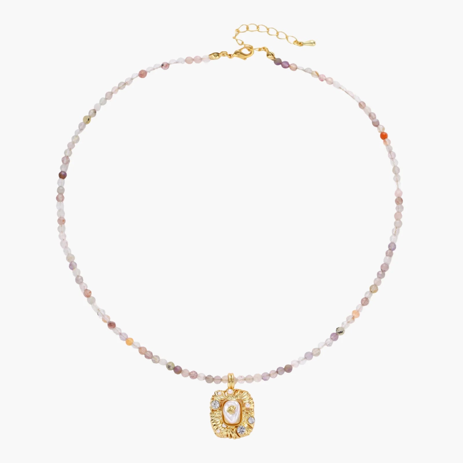 Ornate gold-plated pendant necklace with multicolored gemstone beads in purple, pink and clear tones on white background