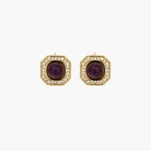 Gold-plated octagonal stud earrings with burgundy liuli centers and cubic zirconia halos on white background