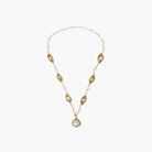 14K gold plated necklace with organic leaf motifs and freshwater pearls arranged in an elegant chain design on neutral background.