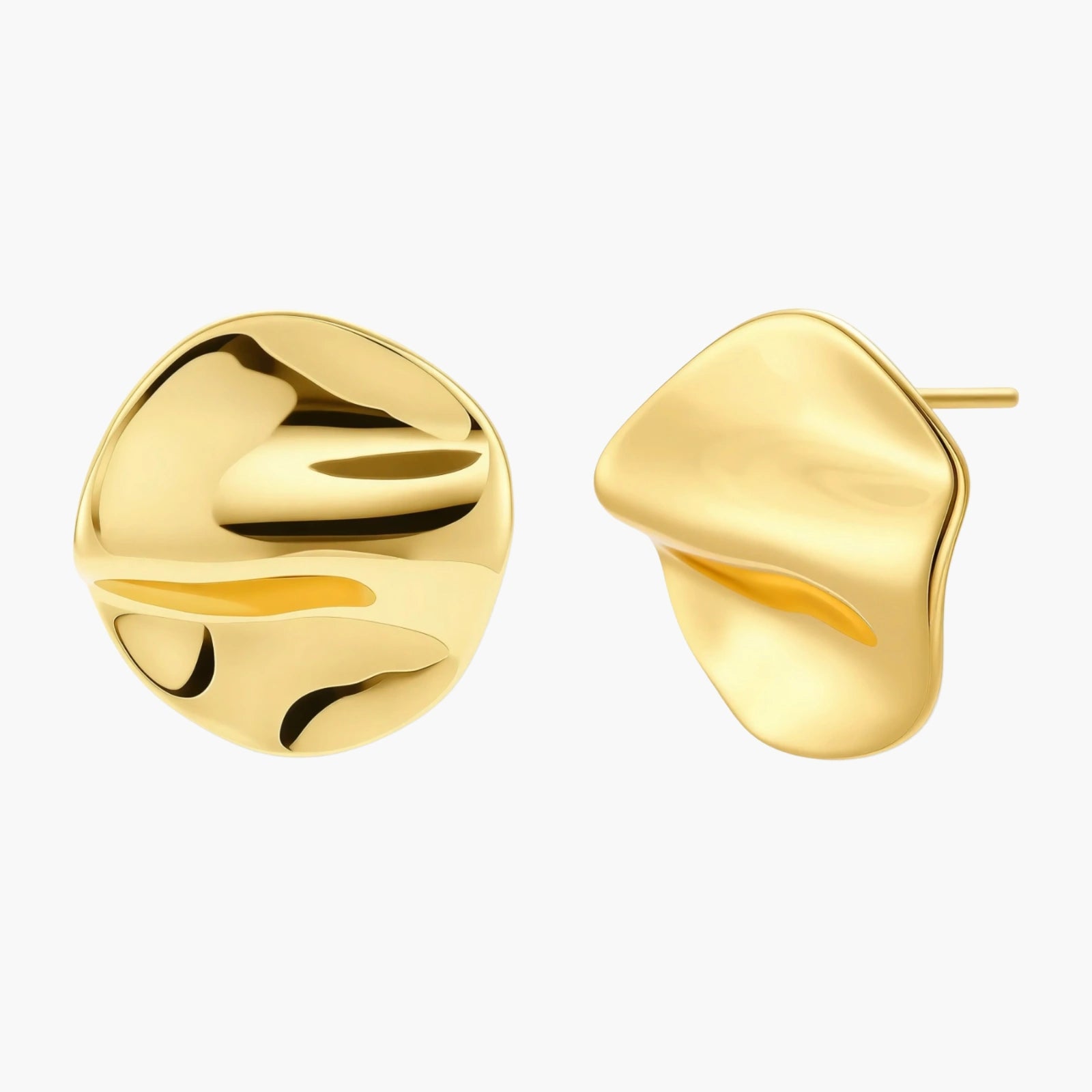 Close-up of organic gold-plated sterling silver stud earrings with flowing sculptural design and curved cut-outs