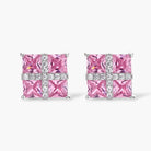 White gold plated jewelry set with pink cubic zirconia stones in geometric cross design, featuring Y-necklace and square stud earrings